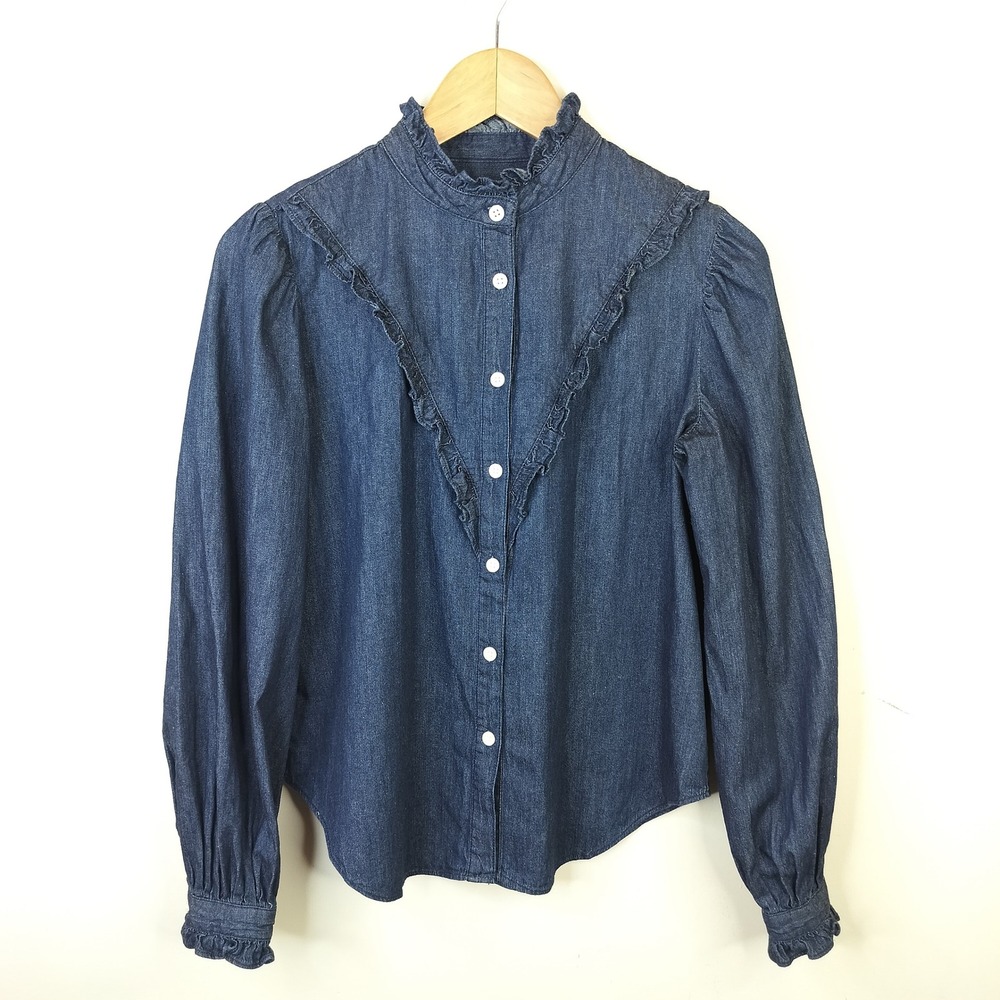Ann Taylor Denim Ruffled Shirt XS Button Up Western Cowgirl Prairie Victorian